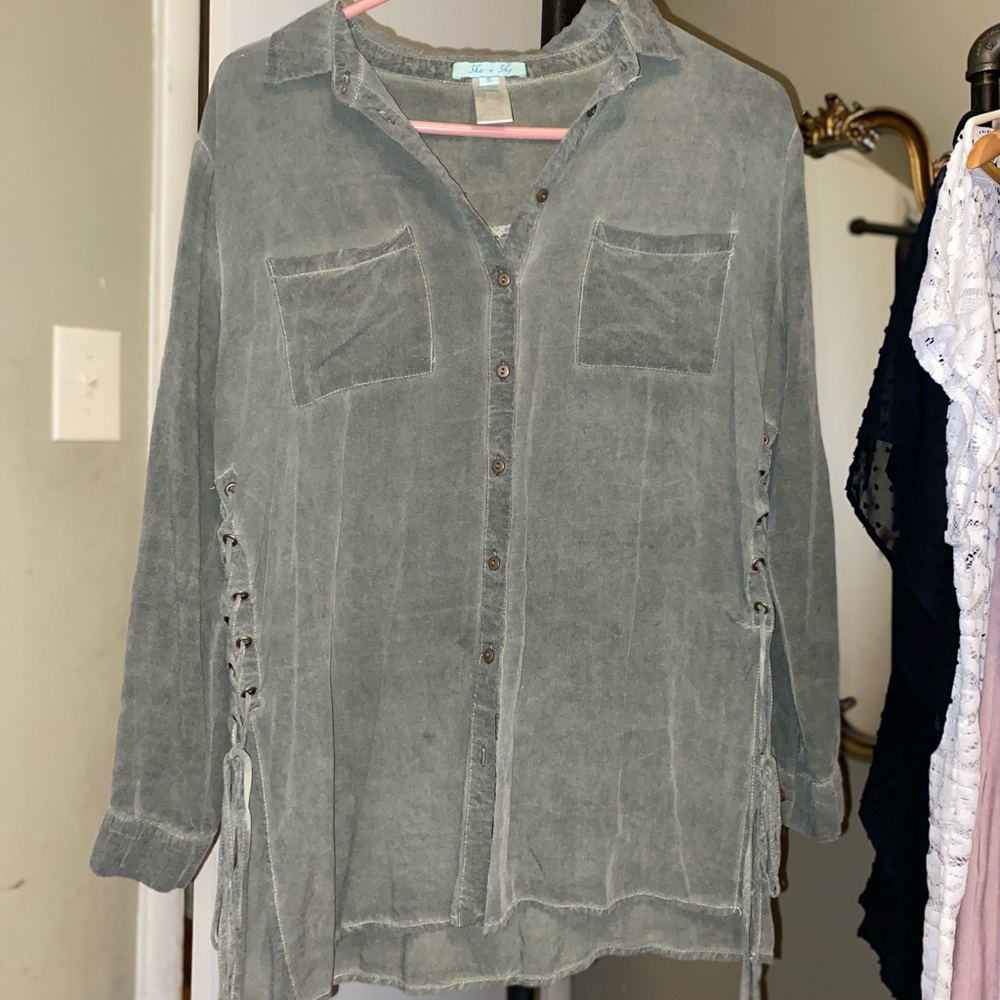 She and Sky Utility Shirt Olive Button up with ties on the side